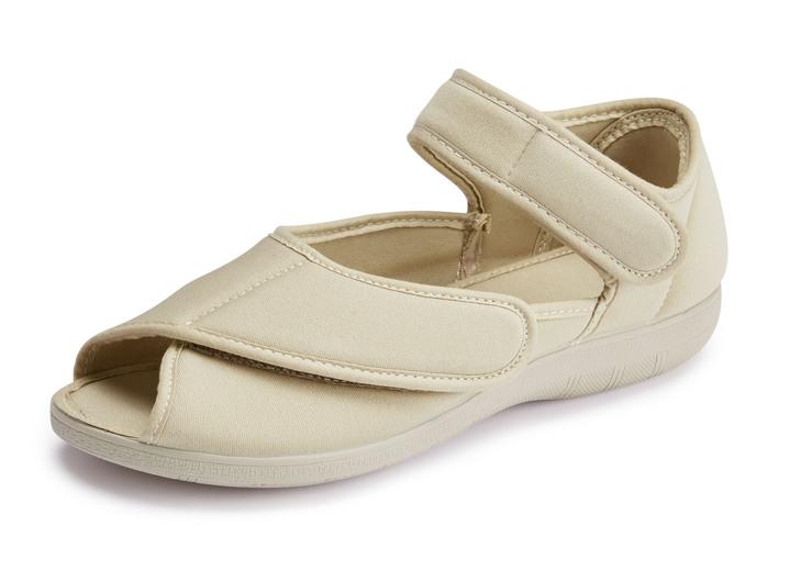 Sandaletten & Pantoletten - Klett-Sandale aus elastischem Textilmaterial, in Größe 035 bis 042, in Farbe BEIGE Ansicht 1